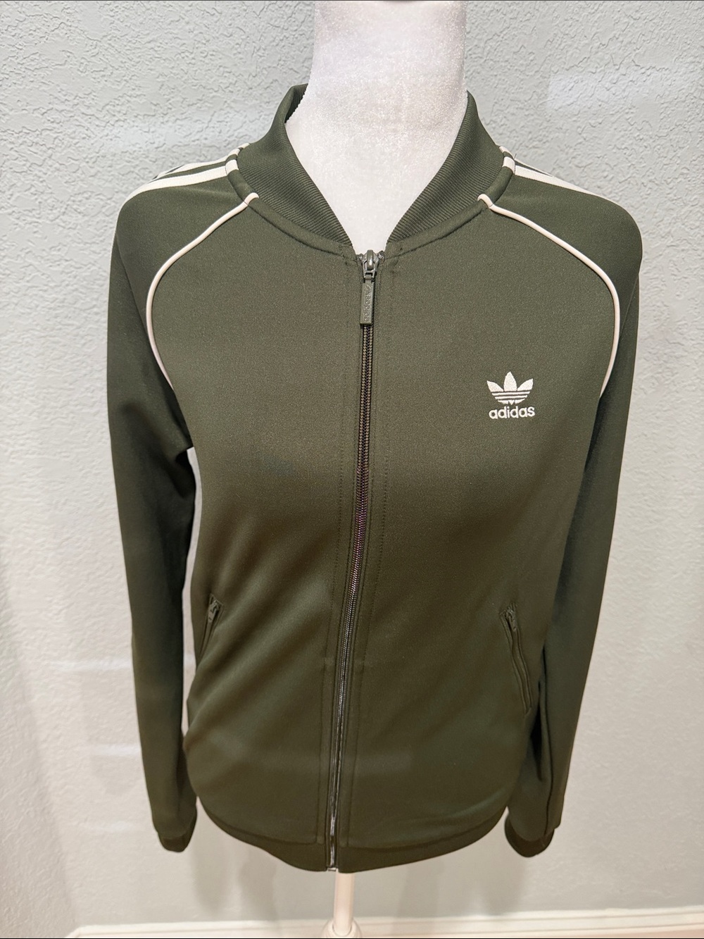 adidas Olive Green Bomber-Style Track Jacket with White Trim
